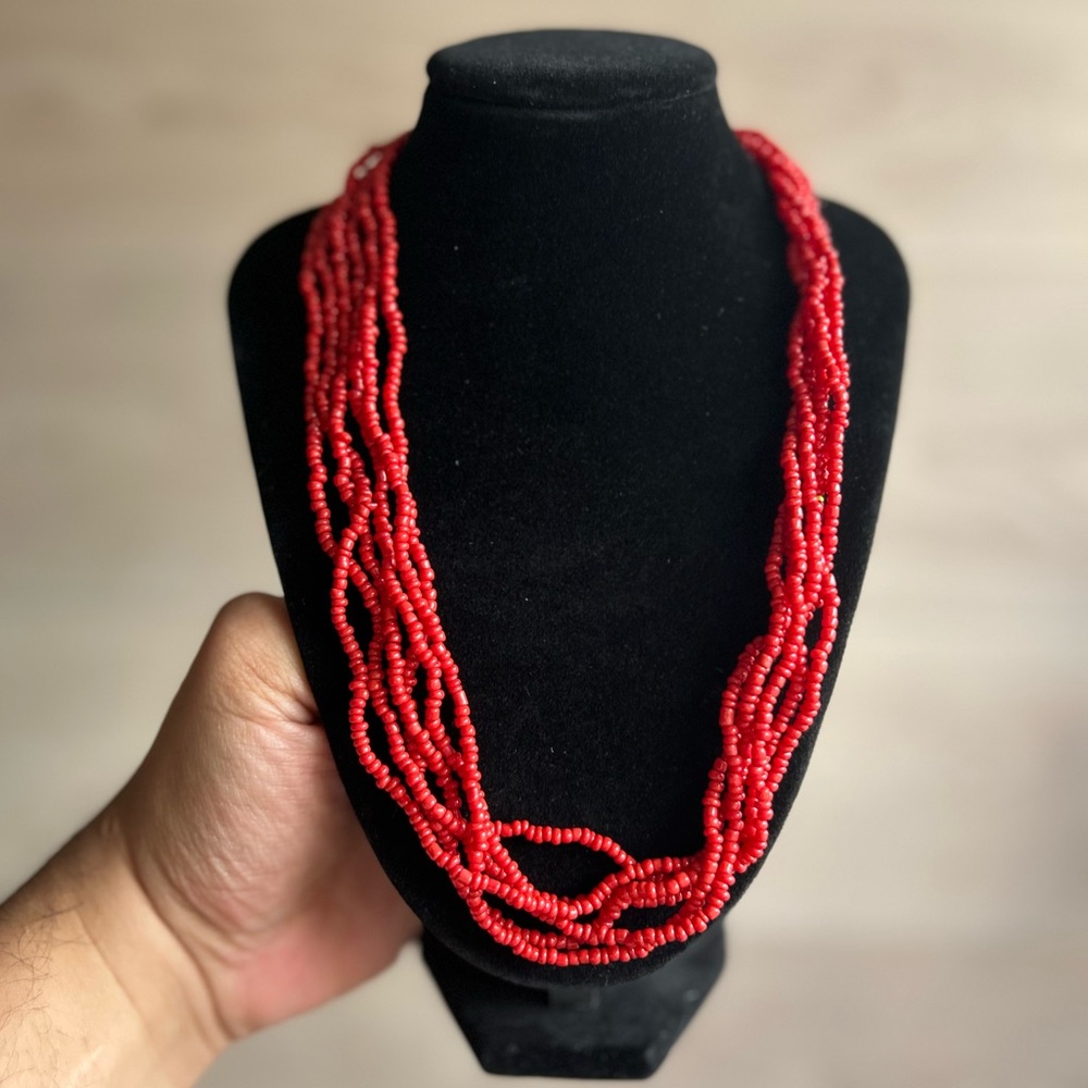 Red Glass Seed Bead Multi Strand Necklace